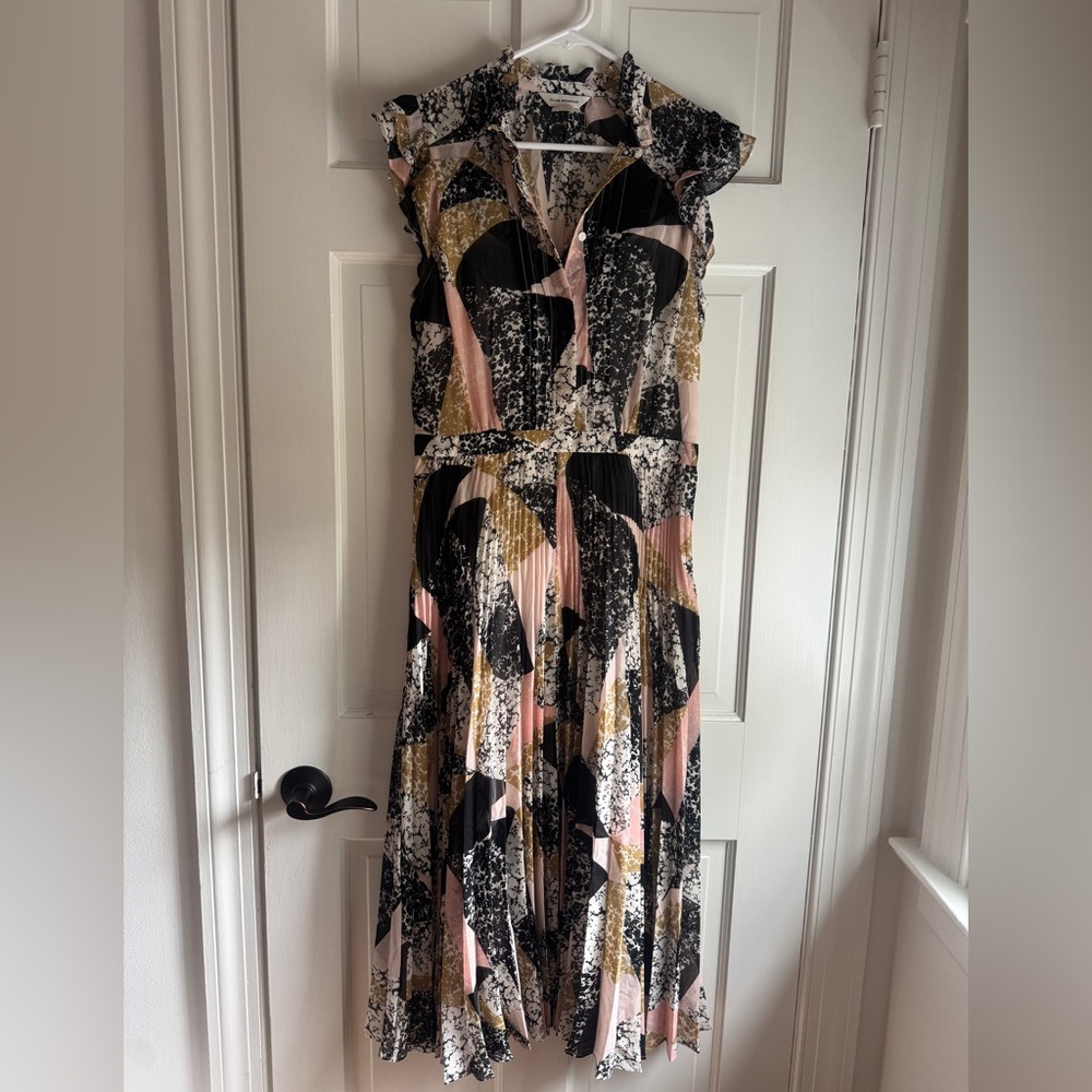 Club Monaco Abstract Print Pleated Maxi Dress Black Pink Gold Size 6